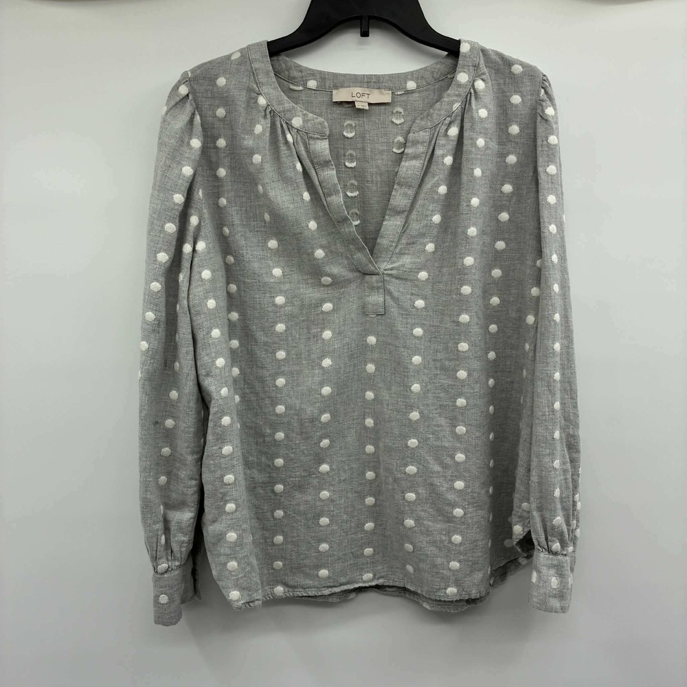 LOFT Blouse Womens Medium Gray White Polka Dot Cotton Blend V Neck Long Sleeve